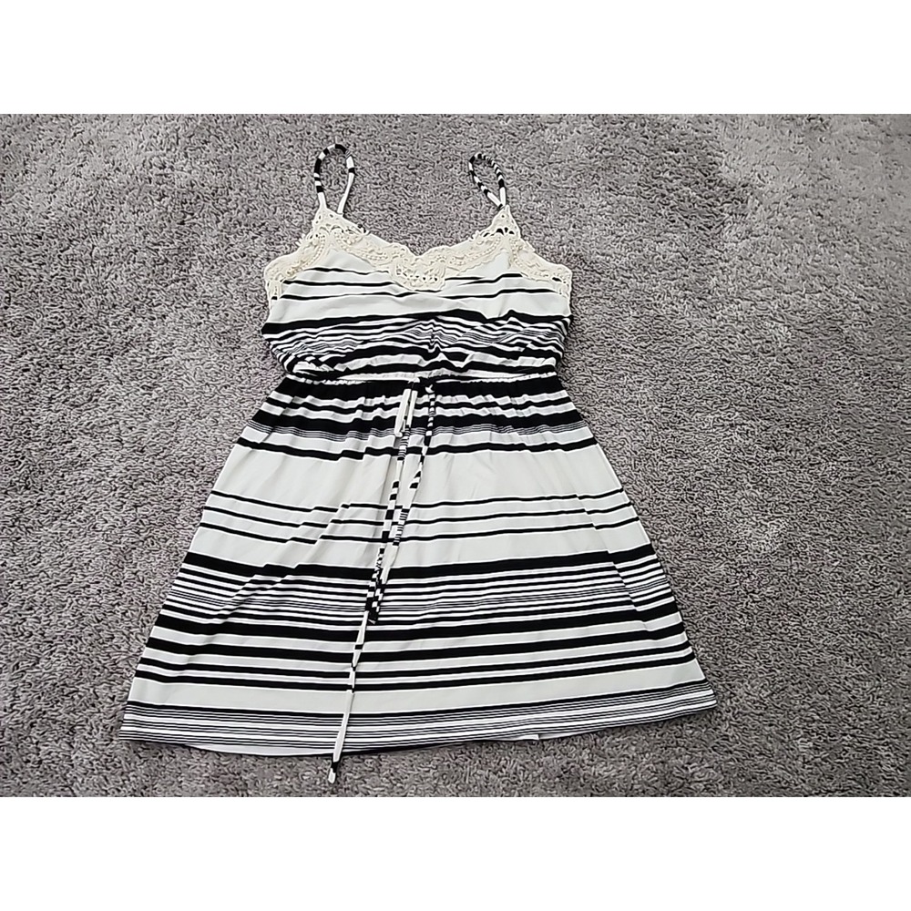 Speechless Sundress Womens L Black White Striped Speechless Crochet Trim Mini